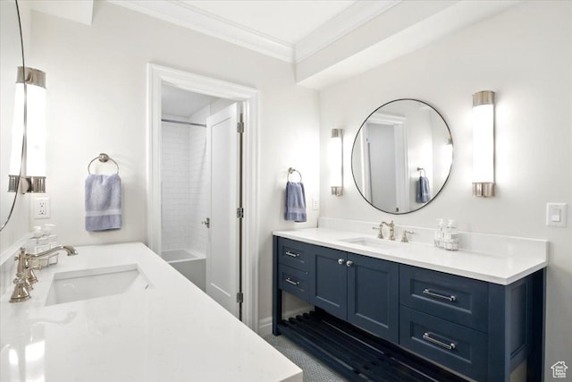 4731 S Marabow Cir, Holladay, UT 84117 - bathroom with vanity, ornamental molding, and tub / shower combination