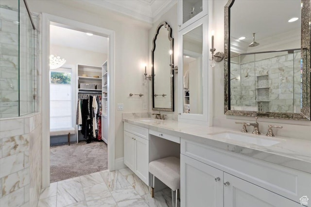 4731 S Marabow Cir, Holladay, UT 84117 - full bath featuring ornamental molding, double vanity, a stall shower, a spacious closet, and marble finish flooring