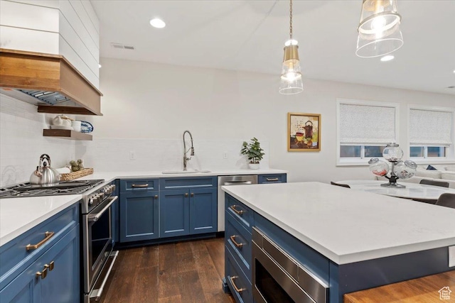 4731 S Marabow Cir, Holladay, UT 84117 - kitchen with blue cabinetry, a sink, appliances with stainless steel finishes, dark wood finished floors, and recessed lighting
