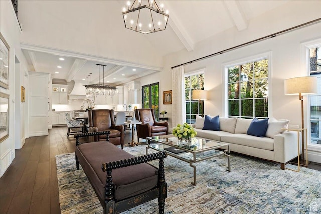 4731 S Marabow Cir, Holladay, UT 84117 - living area featuring a chandelier, dark wood-type flooring, beamed ceiling, recessed lighting, and high vaulted ceiling