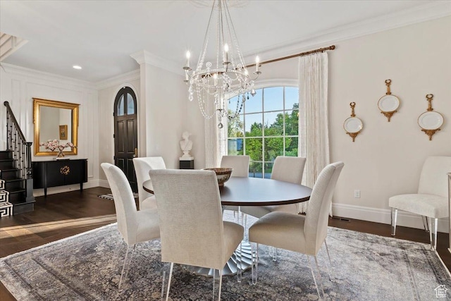 4731 S Marabow Cir, Holladay, UT 84117 - dining space with baseboards, wood finished floors, a chandelier, ornamental molding, and stairway