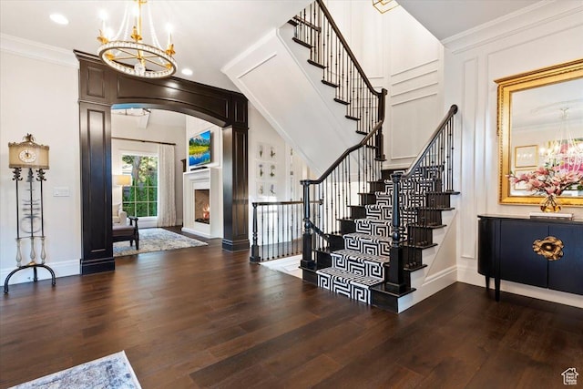 4731 S Marabow Cir, Holladay, UT 84117 - entryway featuring a chandelier, stairway, wood finished floors, crown molding, and recessed lighting