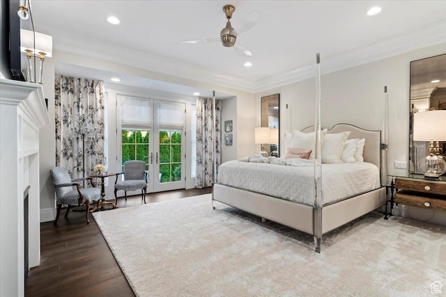 4731 S Marabow Cir, Holladay, UT 84117 - bedroom with ornamental molding, recessed lighting, access to exterior, wood finished floors, and a ceiling fan
