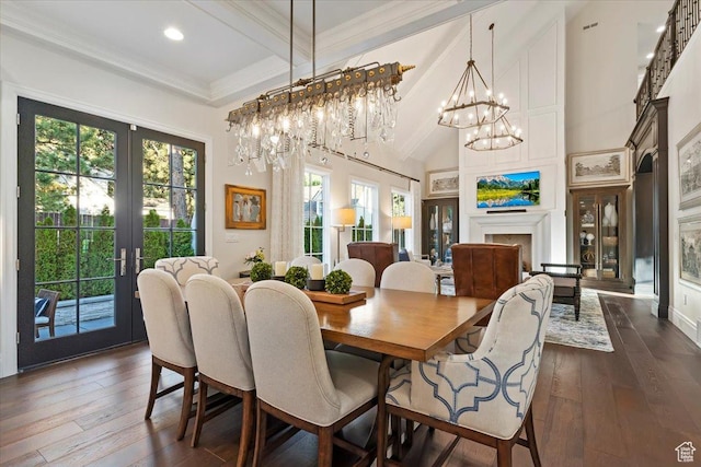 4731 S Marabow Cir, Holladay, UT 84117 - dining room featuring beamed ceiling, french doors, a chandelier, dark wood-style floors, and a towering ceiling