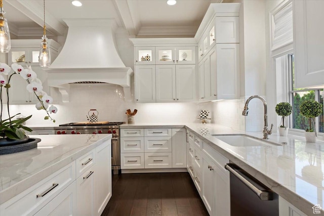 4731 S Marabow Cir, Holladay, UT 84117 - kitchen featuring dishwashing machine, a sink, custom range hood, crown molding, and white cabinets