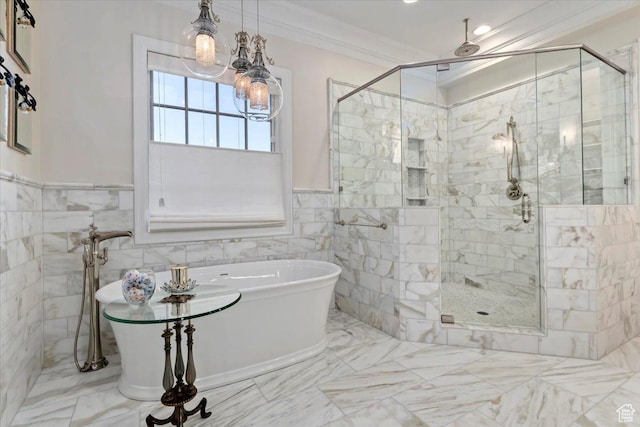 4731 S Marabow Cir, Holladay, UT 84117 - bathroom featuring crown molding, a shower stall, marble finish floors, a freestanding bath, and tile walls