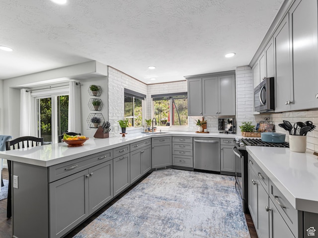 1152 E Gavin Cir, Draper, UT 84020 - kitchen with appliances with stainless steel finishes, gray cabinetry, a sink, a peninsula, and light countertops
