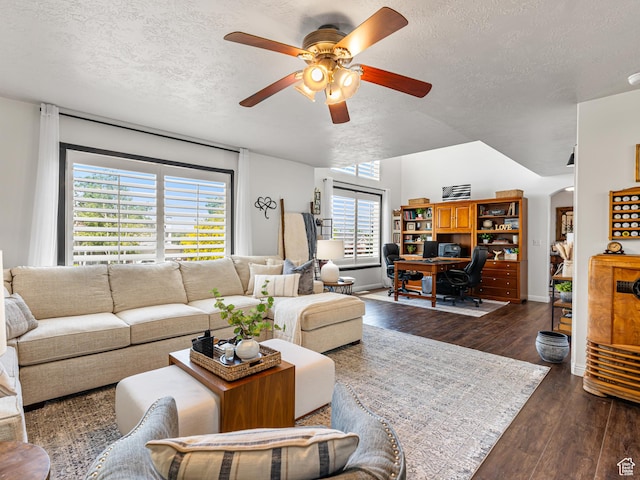 1152 E Gavin Cir, Draper, UT 84020 - living room featuring a textured ceiling, a ceiling fan, dark wood-style floors, an office area, and baseboards