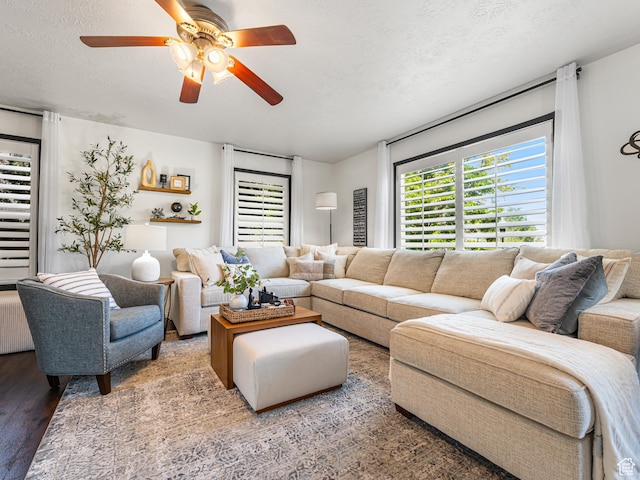 1152 E Gavin Cir, Draper, UT 84020 - living area featuring a ceiling fan, wood finished floors, and a textured ceiling