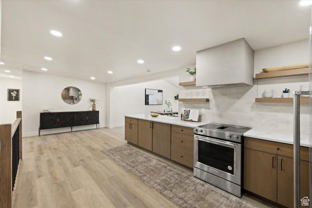 2559 E Evening Star Dr, Holladay, UT 84124 - kitchen featuring open shelves, stainless steel electric stove, backsplash, light countertops, and recessed lighting