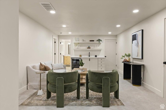 2559 E Evening Star Dr, Holladay, UT 84124 - living area with recessed lighting, light colored carpet, baseboards, and beverage cooler