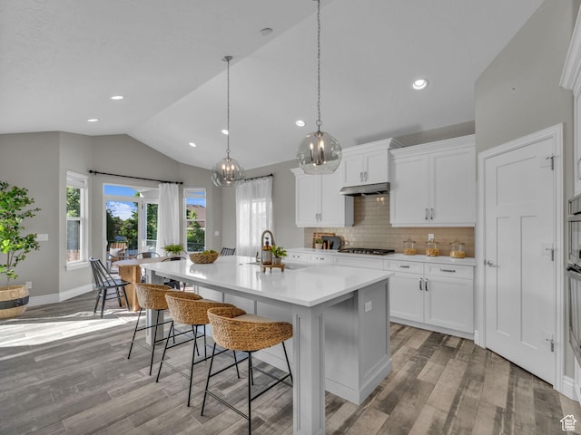 1949 W Shadow Way, Kaysville, UT 84037 - kitchen with lofted ceiling, light wood-style floors, healthy amount of natural light, under cabinet range hood, and light countertops