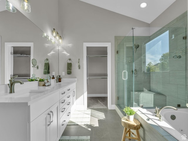 1949 W Shadow Way, Kaysville, UT 84037 - full bath with a stall shower, double vanity, vaulted ceiling, a spacious closet, and recessed lighting