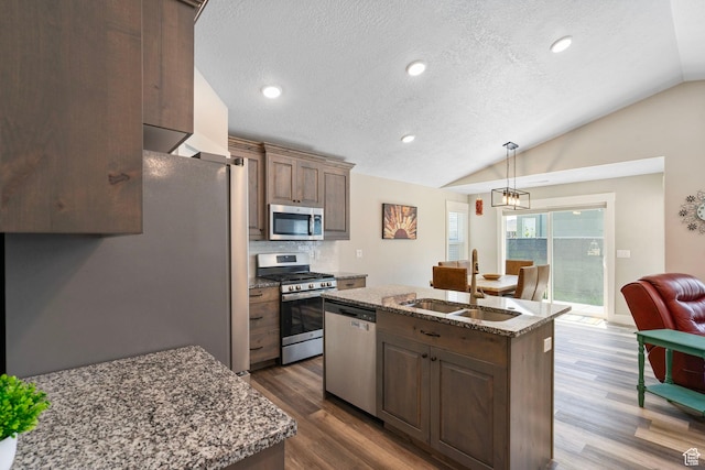 641 E Green Springs Way Unit 324, South Weber, UT 84405 - kitchen featuring appliances with stainless steel finishes, a sink, lofted ceiling, dark wood-type flooring, and a kitchen island with sink