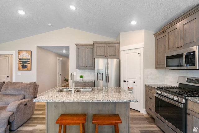 641 E Green Springs Way Unit 324, South Weber, UT 84405 - kitchen with stainless steel appliances, a sink, lofted ceiling, open floor plan, and light wood-type flooring