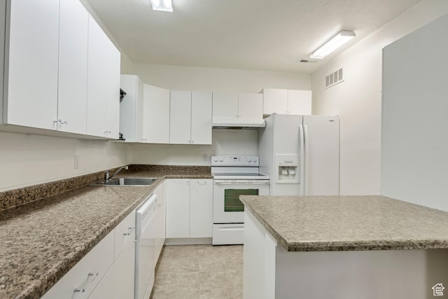 3286 N Piute Dr, Provo, UT 84604 - kitchen featuring white appliances, a sink, white cabinetry, under cabinet range hood, and light tile patterned floors