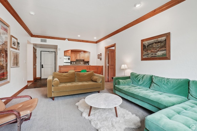 840 Bigler Ln Unit 2021, Midway, UT 84049 - living area featuring crown molding, recessed lighting, baseboards, and light carpet