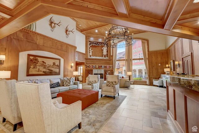 840 Bigler Ln Unit 2021, Midway, UT 84049 - building lobby featuring a towering ceiling, wooden walls, wooden ceiling with exposed beams, and recessed lighting