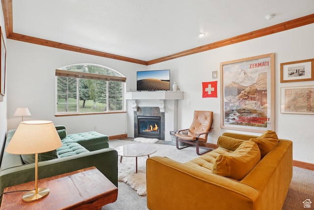 840 Bigler Ln Unit 2021, Midway, UT 84049 - living room featuring baseboards, a tile fireplace, carpet floors, and crown molding