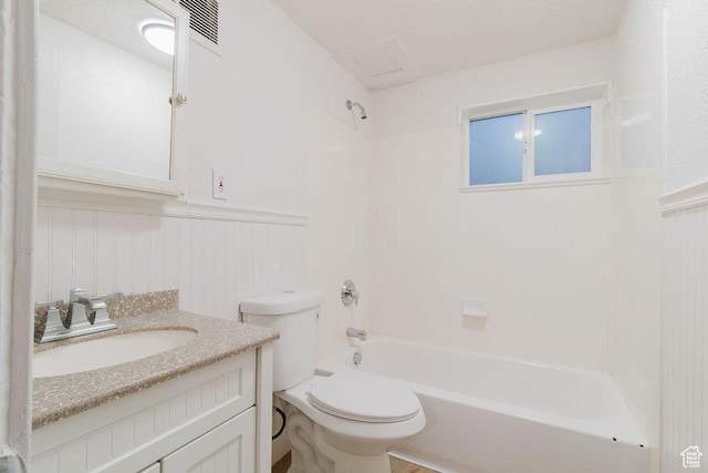 171 E 200 N, Orem, UT 84057 - full bathroom featuring wainscoting, toilet, vanity, washtub / shower combination, and a decorative wall
