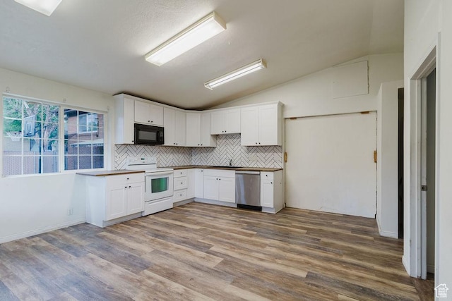 171 E 200 N, Orem, UT 84057 - kitchen featuring white electric range oven, black microwave, dishwasher, vaulted ceiling, and tasteful backsplash