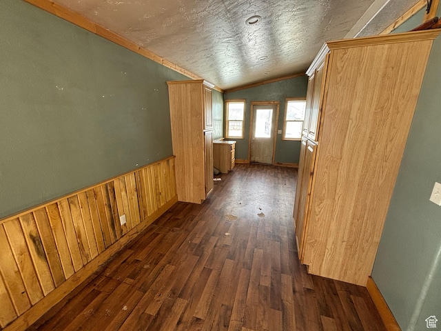 149 Thomas Fork Ln, Geneva, ID 83238 - hallway with lofted ceiling, dark wood-style flooring, ornamental molding, wood walls, and a wainscoted wall