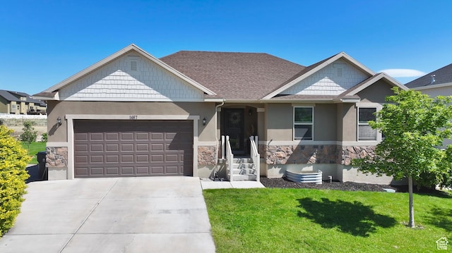 1467 S Lake View Ter, Saratoga Springs, UT 84045 - craftsman-style house featuring stone siding, stucco siding, an attached garage, a front yard, and concrete driveway