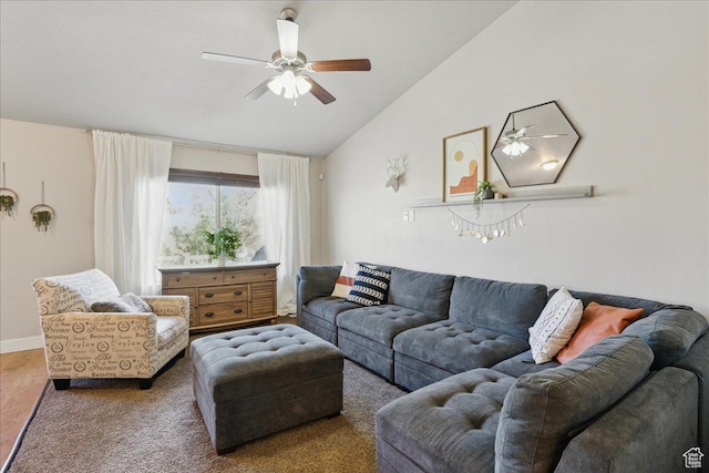 1467 S Lake View Ter, Saratoga Springs, UT 84045 - living room with vaulted ceiling, ceiling fan, and baseboards