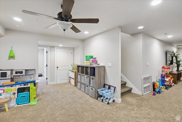 1467 S Lake View Ter, Saratoga Springs, UT 84045 - game room featuring carpet flooring, recessed lighting, baseboards, and a ceiling fan