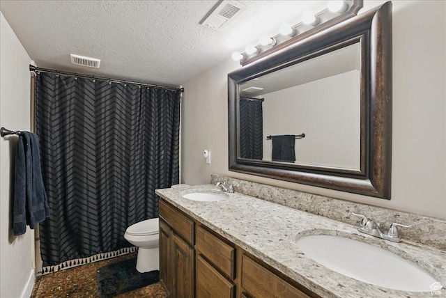 1467 S Lake View Ter, Saratoga Springs, UT 84045 - bathroom with double vanity, toilet, a textured ceiling, and curtained shower