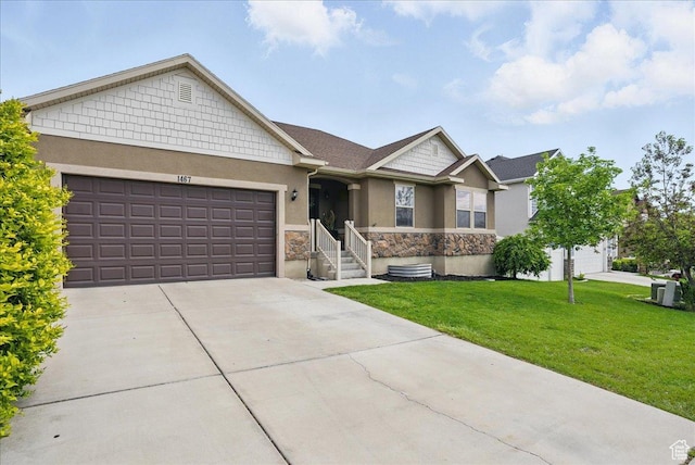 1467 S Lake View Ter, Saratoga Springs, UT 84045 - view of front of property with stucco siding, stone siding, a garage, a front lawn, and driveway