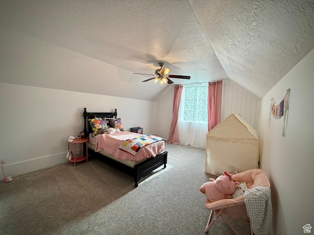 268 N 1400 W, Midway, UT 84049 - bedroom featuring a textured ceiling, vaulted ceiling, carpet, ceiling fan, and baseboards