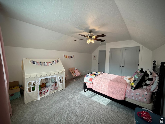 268 N 1400 W, Midway, UT 84049 - bedroom featuring vaulted ceiling, carpet, a textured ceiling, and a ceiling fan