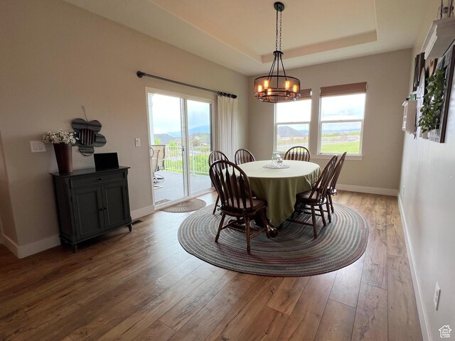12137 N Montrose Dr, Highland, UT 84003 - dining room with a chandelier, a tray ceiling, light wood-style flooring, and baseboards
