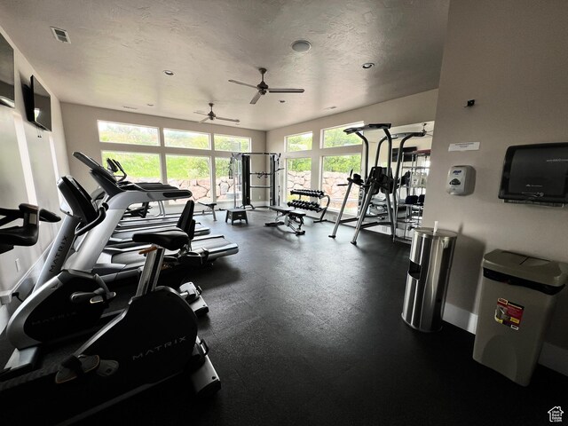 12137 N Montrose Dr, Highland, UT 84003 - gym featuring ceiling fan and baseboards