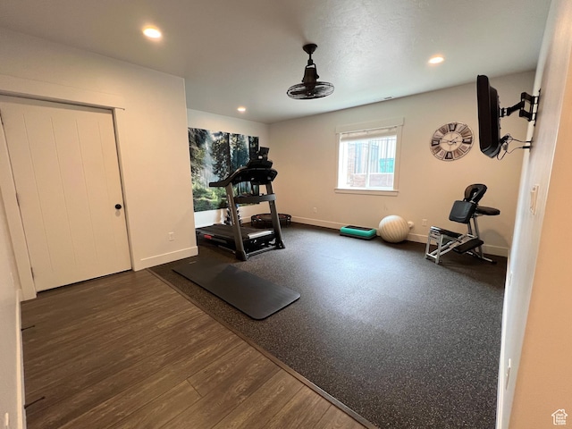 12137 N Montrose Dr, Highland, UT 84003 - workout room with dark wood-style flooring, baseboards, and recessed lighting
