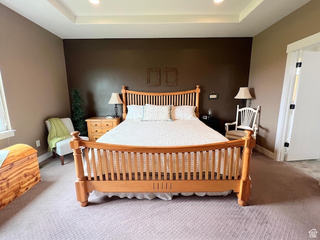 12137 N Montrose Dr, Highland, UT 84003 - carpeted bedroom featuring a tray ceiling, recessed lighting, and baseboards