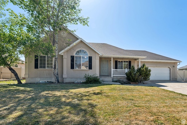 658 S 620 E, Heber City, UT 84032 - ranch-style house featuring a porch, an attached garage, concrete driveway, stucco siding, and a shingled roof