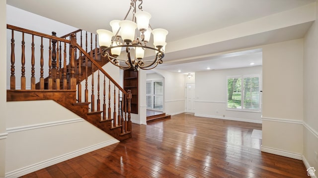 3263 Shadowbrook Cir N, Provo, UT 84604 - interior space with a chandelier, hardwood / wood-style floors, stairway, baseboards, and recessed lighting