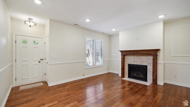 3263 Shadowbrook Cir N, Provo, UT 84604 - unfurnished living room featuring hardwood / wood-style flooring, a fireplace, baseboards, and recessed lighting
