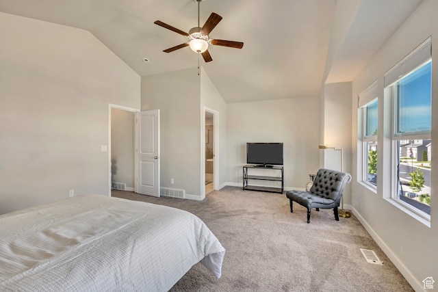 2466 S 2200 W, West Haven, UT 84401 - bedroom with carpet floors, baseboards, high vaulted ceiling, and a ceiling fan