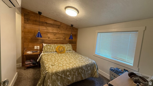 161 W 200 S, Provo, UT 84601 - carpeted bedroom with lofted ceiling, a textured ceiling, wooden walls, multiple windows, and a wall mounted AC