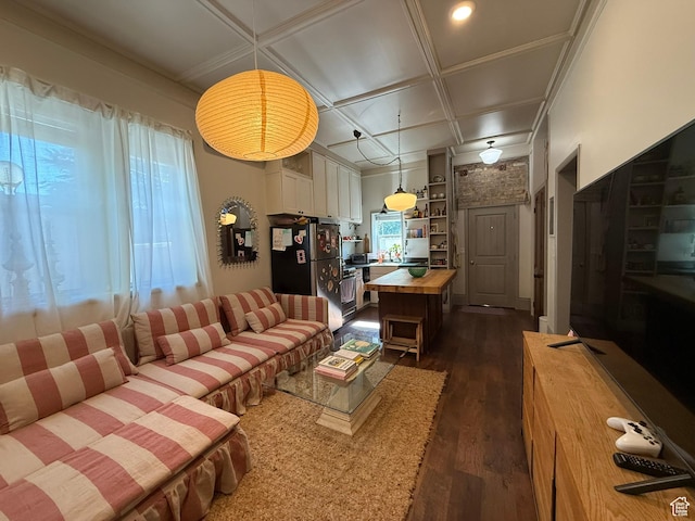 161 W 200 S, Provo, UT 84601 - living area with dark wood-style flooring and coffered ceiling