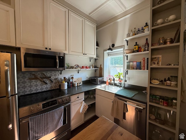 161 W 200 S, Provo, UT 84601 - kitchen with appliances with stainless steel finishes, open shelves, a sink, backsplash, and white cabinetry