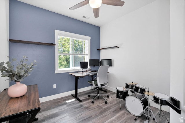 181 W 400 S, Hyrum, UT 84319 - home office with wood finished floors, a ceiling fan, and baseboards