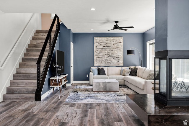 181 W 400 S, Hyrum, UT 84319 - living room with stairway, wood finished floors, a ceiling fan, recessed lighting, and baseboards