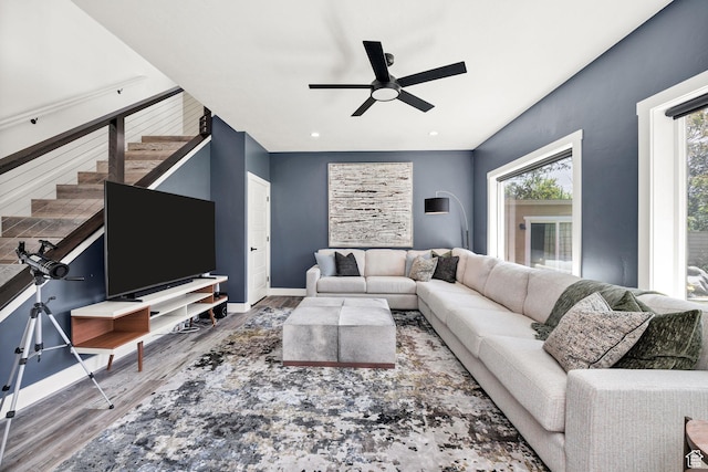 181 W 400 S, Hyrum, UT 84319 - living room featuring wood finished floors, ceiling fan, stairs, baseboards, and recessed lighting