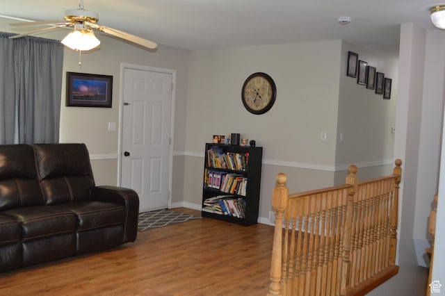 445 Valley View Dr, Pleasant Grove, UT 84062 - living room featuring ceiling fan, wood finished floors, and baseboards