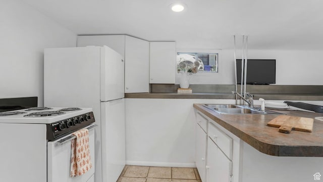 2504 S Dearborn St E, Salt Lake City, UT 84106 - kitchen with white electric stove, a sink, white cabinetry, and baseboards