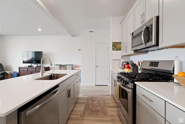 2092 N Red Yearling Dr, Saratoga Springs, UT 84045 - kitchen with appliances with stainless steel finishes, a sink, light wood-style floors, light countertops, and open floor plan